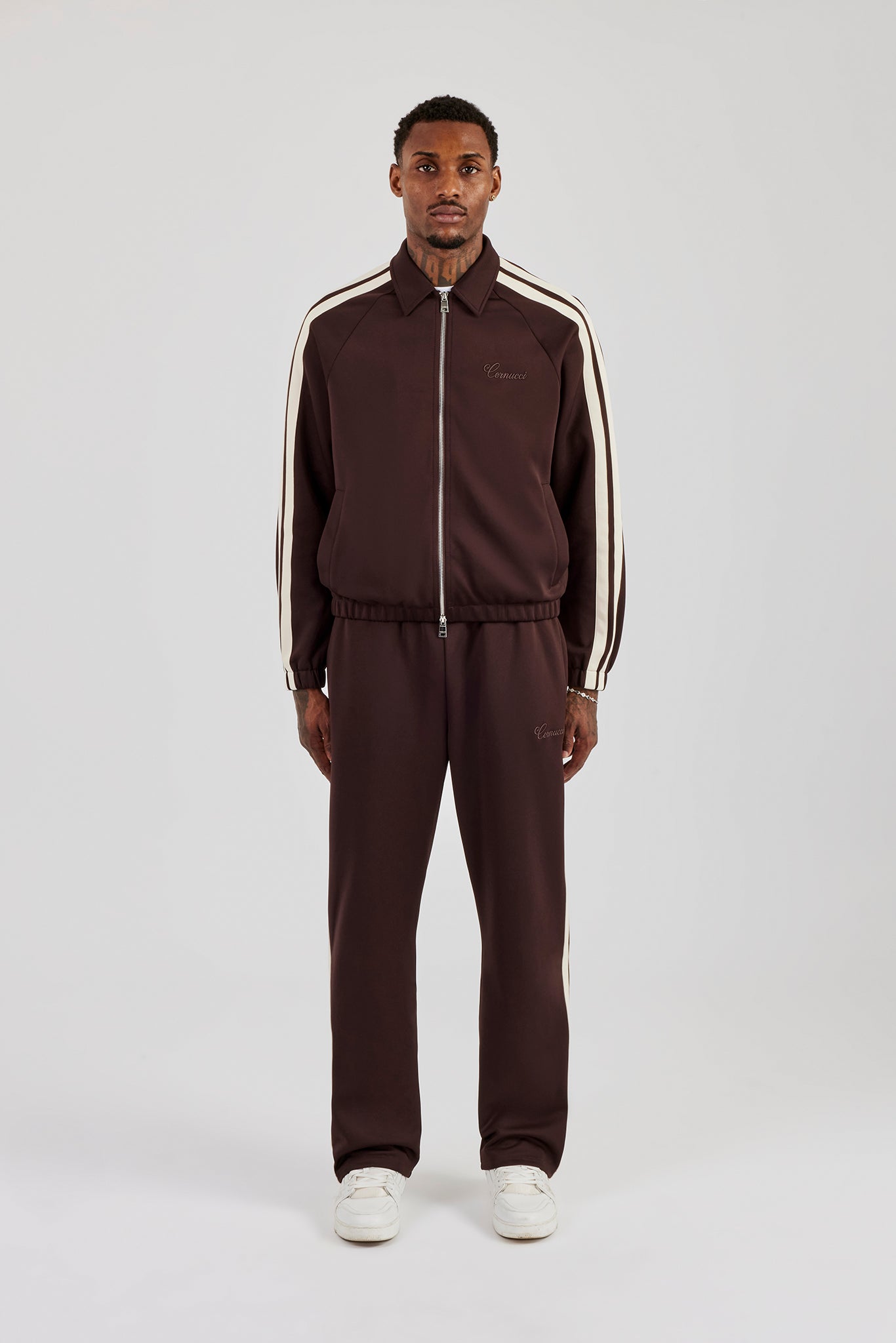 Poly Track Jacket With Side Stripes & Trouser - Coffee